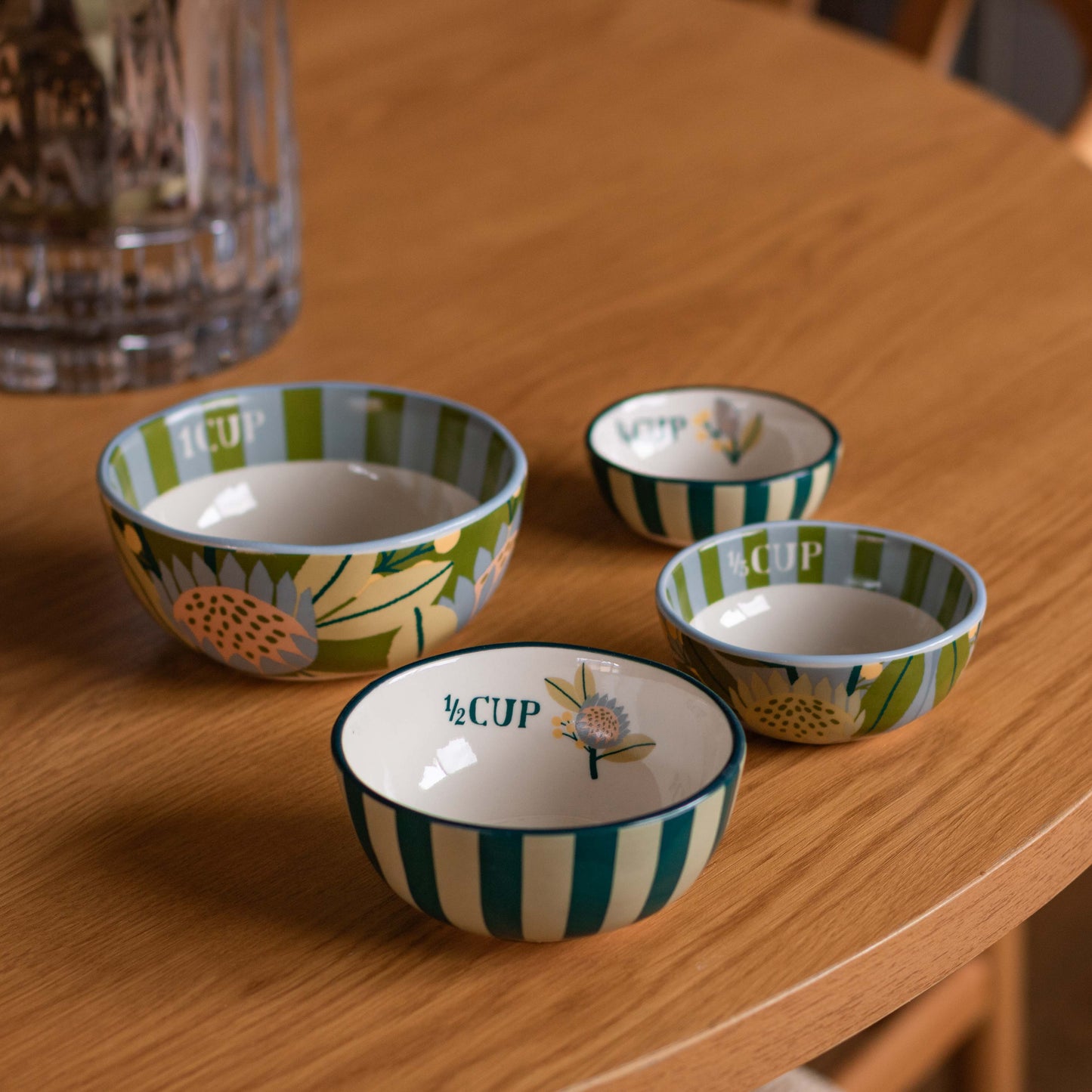 Shop our Kirra ceramic measuring cup set with playful floral and stripe designs. Perfect for baking, cooking and colourful kitchen styling.