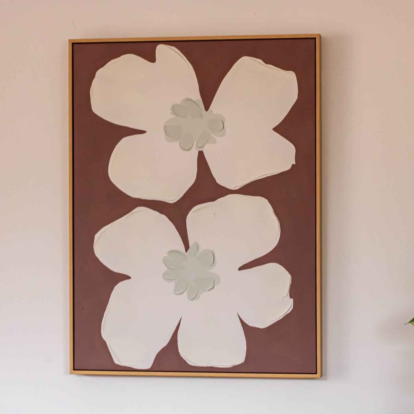 Featuring two oversized white blooms against a warm earthy background, this artwork feels simple, nostalgic and quietly playful. 