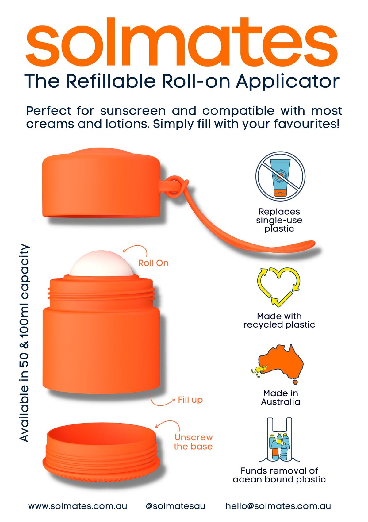 Solmates Refillable Roll-On Applicator 50ml - Waratah Red
